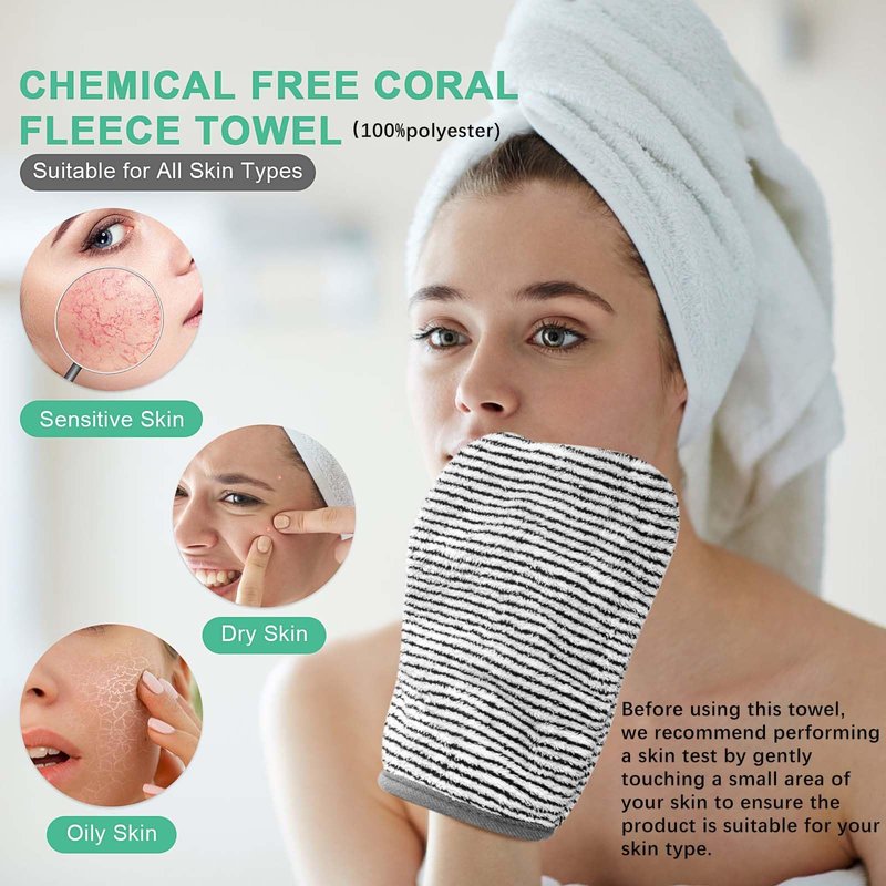 PHOGARY 8 Pack Microfiber Wash Mitts for Face Body, Soft Face Shower Bath Mitt Coral Fleece Washcloths, Reusable Makeup Remover Washcloths, European Style Towel, Grey Striped,7.8X 5.1in