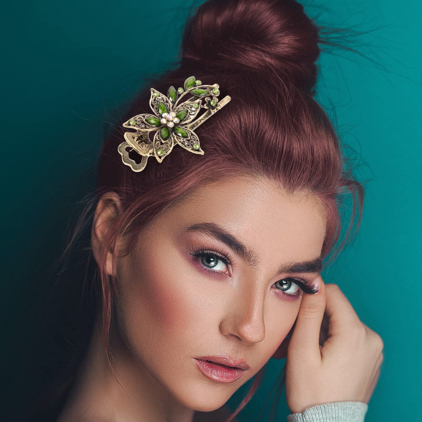 Uonlytech Hair Clip, Green Flower Crystal Hair Clip, Sparkly Glitter Rhinestones Hair Clips French Elegant Hair Barrettes Hair Jewelry for Women Girls