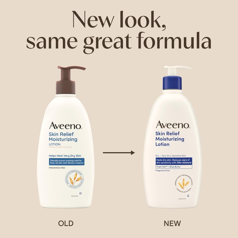 Aveeno Skin Relief Moisturizing Lotion Heals Very Dry, Sensitive Skin, Fast-Absorbing Body Lotion with Soothing Triple Oat & Shea Butter Formula, Fragrance Free, Non-Comedogenic, 12 fl. oz