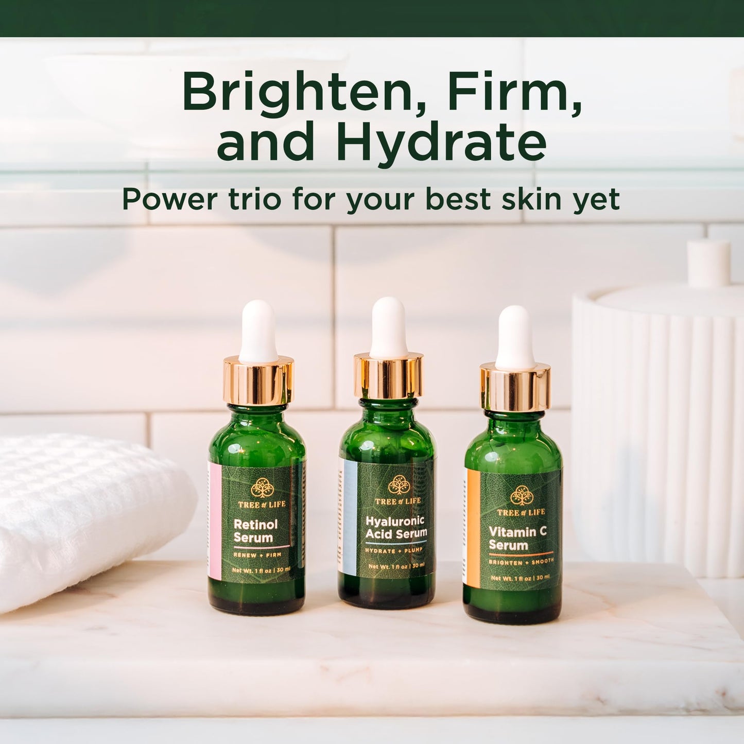 Tree of Life Face Serum Set - Vitamin C, Retinol & Hyaluronic Acid for Brightening, Firming & Hydrating - Anti Aging Skin Care Set - Dermatologist Tested - 1 Fl Oz (Pack of 3)
