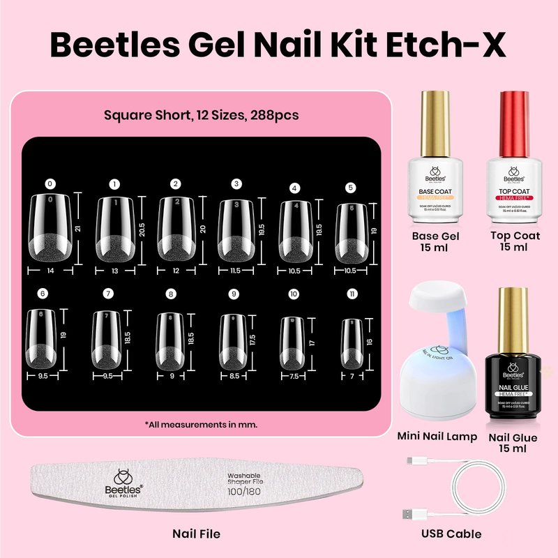 Beetles Gel Nail Kit Etch-X, Square Short, 288pcs 12 Sizes Nail Tips, 3Pcs 15ml HEMA-Free Nail Glue Top Coat & Base Gel Set, with Mini Lamp, Press On Nail, Long Lasting Extension DIY Set at Home