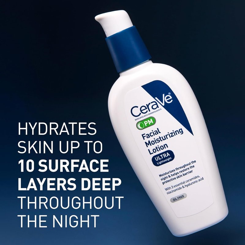 CeraVe PM Facial Moisturizing Lotion - Night Cream with Hyaluronic Acid & Niacinamide | Ultra-Lightweight, Oil-Free, 3 oz