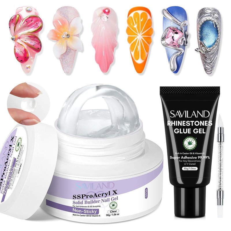 SAVILAND Pro Solid Builder Nail Gel for Nails with 30 g Rhinestone Glue Gel: 30 Days Long Lasting Clear 3D Nail Gel for Nail Extension Nail Art Salon