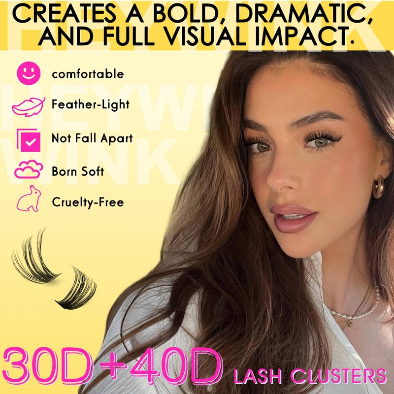 HEYWINK Lash Extension Kit DIY Lash Clusters Eyelash Extension Kit, 10-18mm 30D 40D Individual Lashes Kit Natural Lash Clusters with Lash Bond and Seal, Lash Tweezers for Beginner(30D+40D 10-18MM Kit)