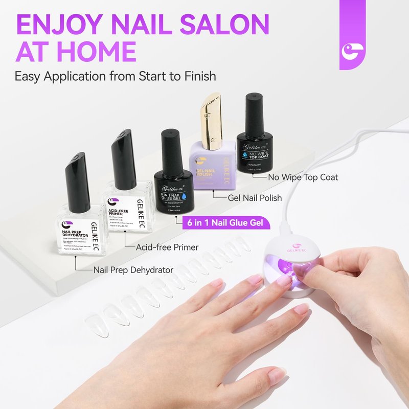 Gelike EC Gel Nail Glue for Press Ons: 6 in 1 Strong UV Nail Glue for Nail Tips and Acrylic Nail - Long Lasting 28 Days Hold Quick UV Cure - Hema Free Formula for Beginner Friendly DIY for Home Salon