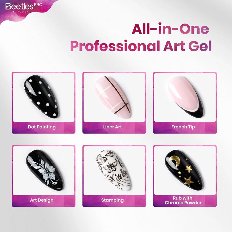 Beetles PRO Black & White Nail Art Gel - 2PCS UV-Cure Gel Paint with 10mm Liner Brush | Perfect for Floral Designs & French Tips