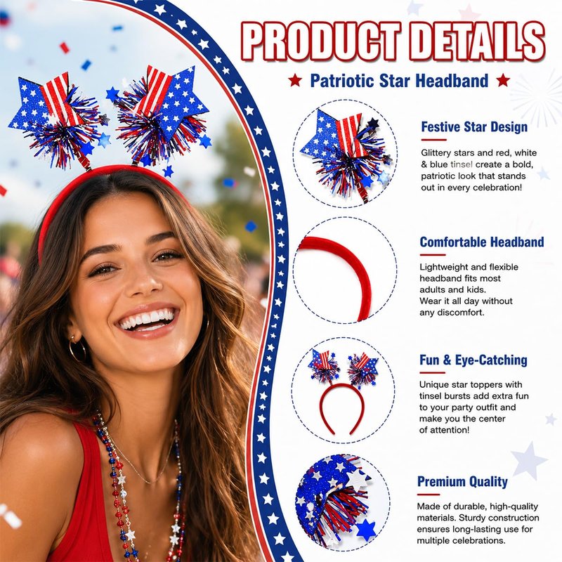 PODUOJIEYI 250th Anniversary Independence Day Headband Red White Blue American Flag Star Head Boppers with Glitter Tassel 4th of July Hair Accessories for Women Patriotic Party Favors