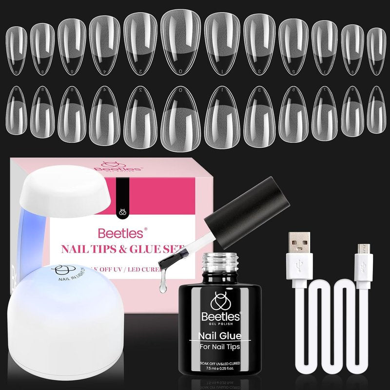 Beetles Gel Nail Kit - 504 Pcs Almond Shape Nail Tips & Easy Extension Set | UV LED Light Gift for Women