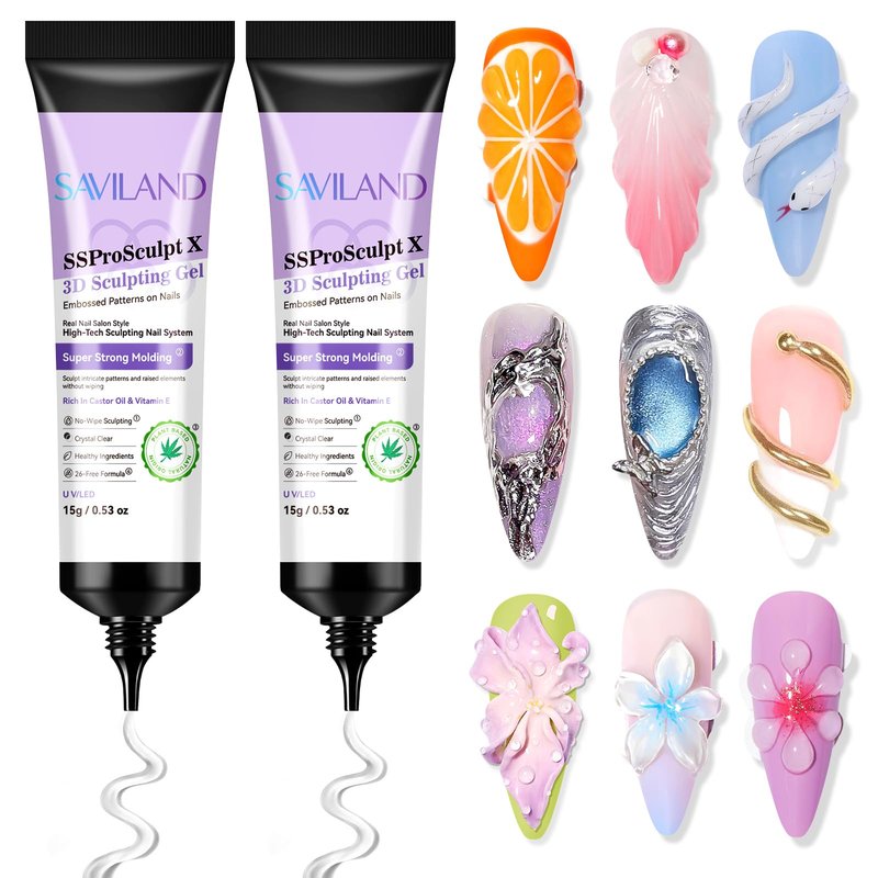 SAVILAND Clear 3D Nail Gel Set: 2PCS 15g No Wipe 3D Sculpting Gel for Nail Art Carving, Molding & Painting Sculpture Gels DIY Manicure Decoration Charms Home Salon