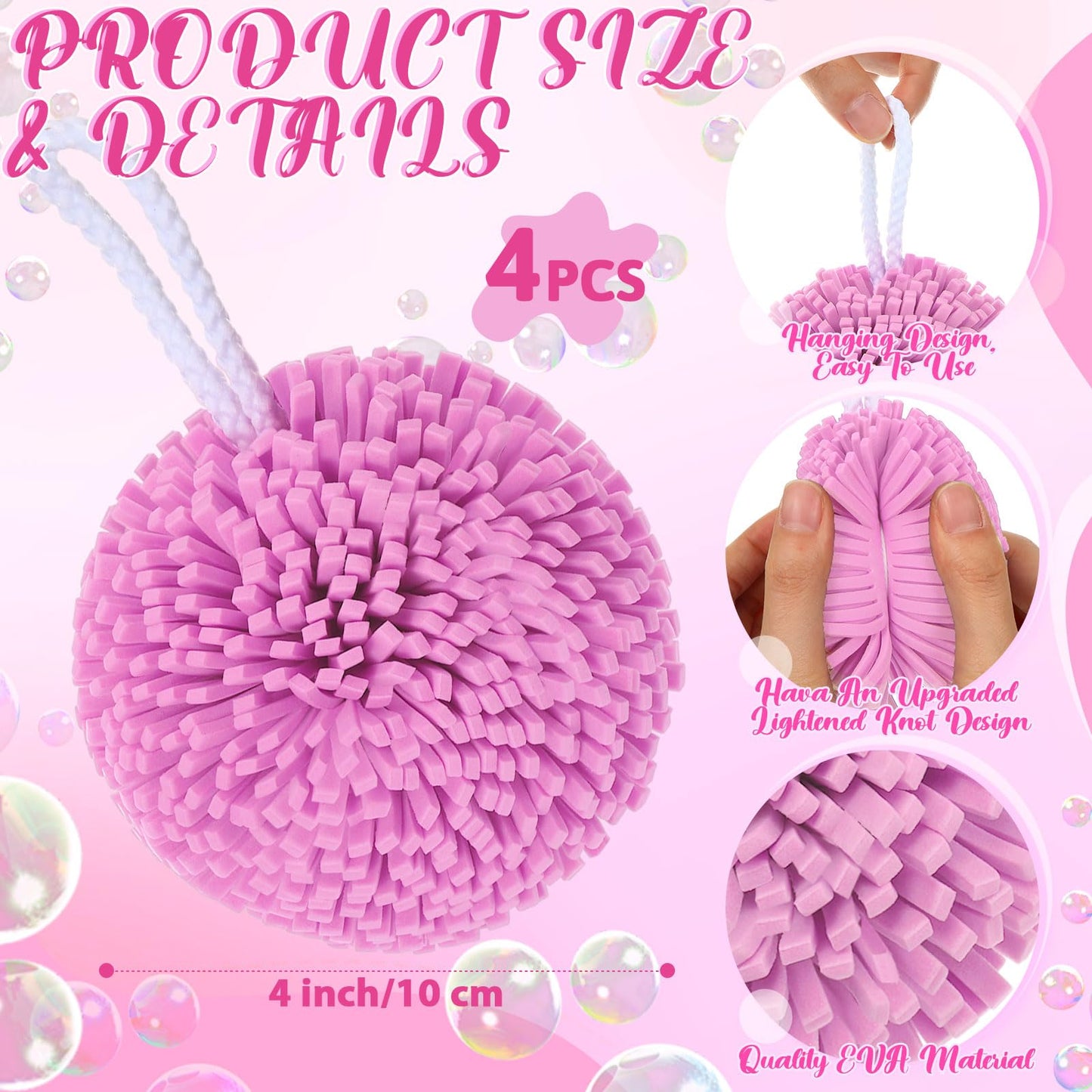 Teenyyou 4 Pcs Bath Sponge Shower Pouf Loofahs Shower Puff Exfoliating Loofah Bath Accessories Cleaning Tool for Body Gift Baskets Lavender Spa Gifts for Women Mom (Pink)