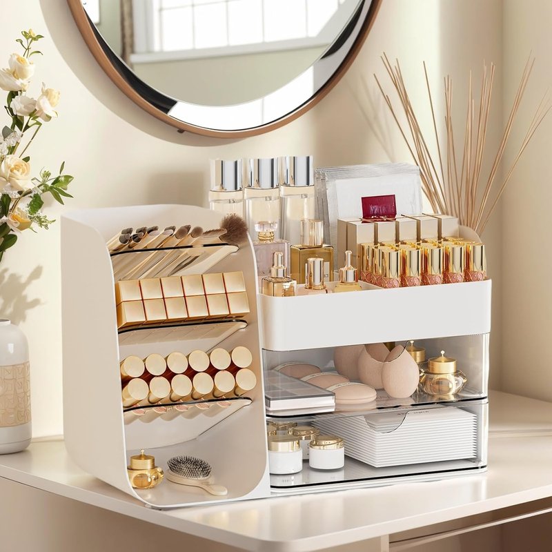 Makeup Organizer - 2 Drawer Cosmetic Storage Case with Brush Holders | Vanity & Bathroom Countertop Organizer (White, Medium)