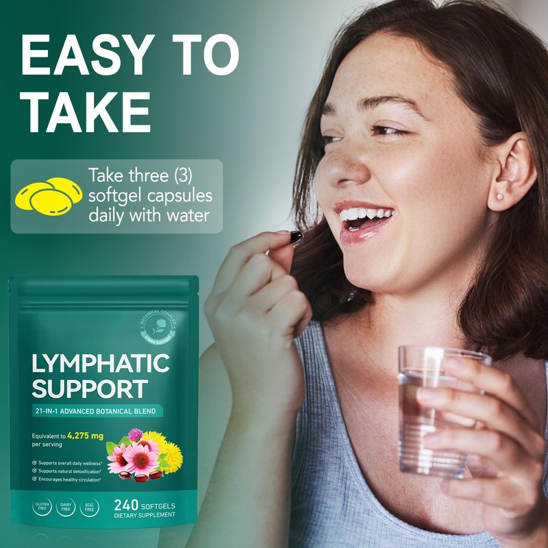 Lymphatic Drainage Supplements-Echinacea, Dandelion, Burdock Root|21-In-1 Botanical Complex for Lymph System, Balance, Cleanse, Overall Vitality, Less Bloating|Safe & Clean Formula|240 Softgels