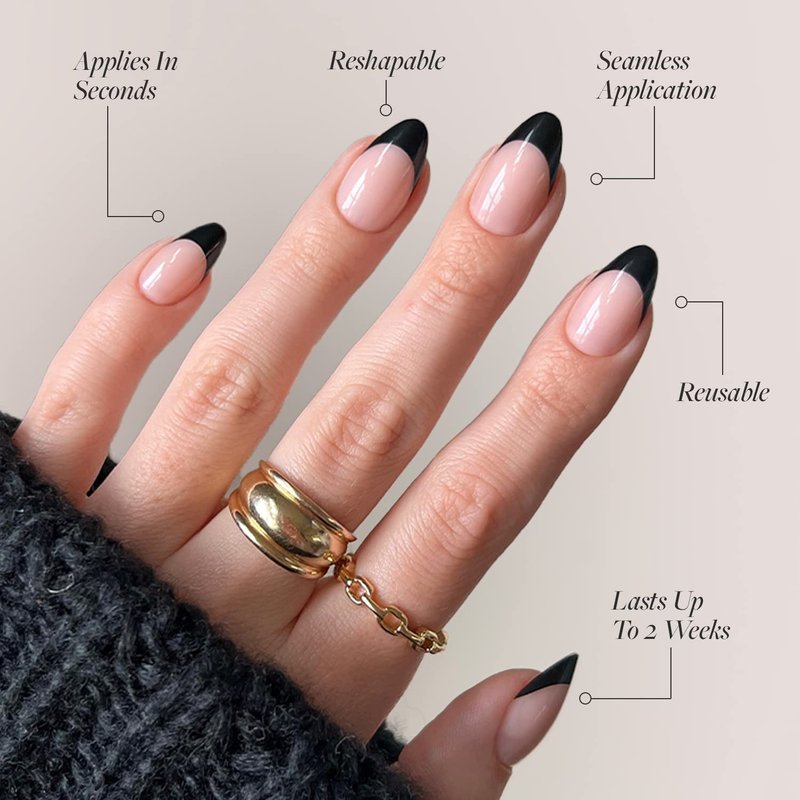 Glamnetic Press On Nails - Caviar | Salon Quality Semi-Transparent Short Almond | 30 Nail Kit with Glue, 15 Sizes