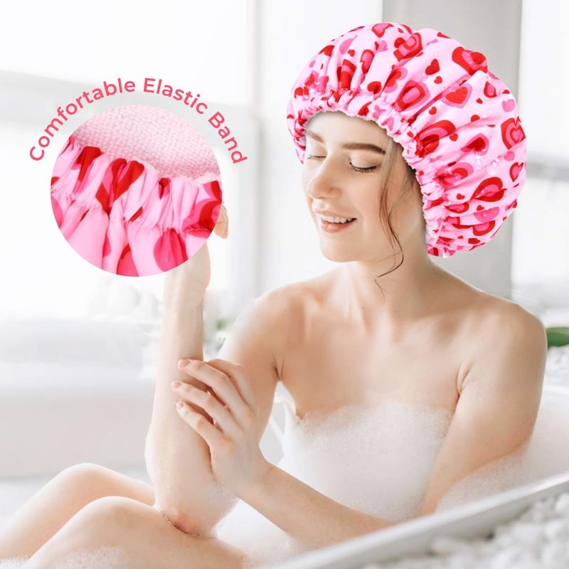 Shower Cap for Women Terry Lined Bath Cap Large Reusable Waterproof Elastic Band Pink Love Shower Caps for Long Thick Hair Soft Bath Shower Hair Caps
