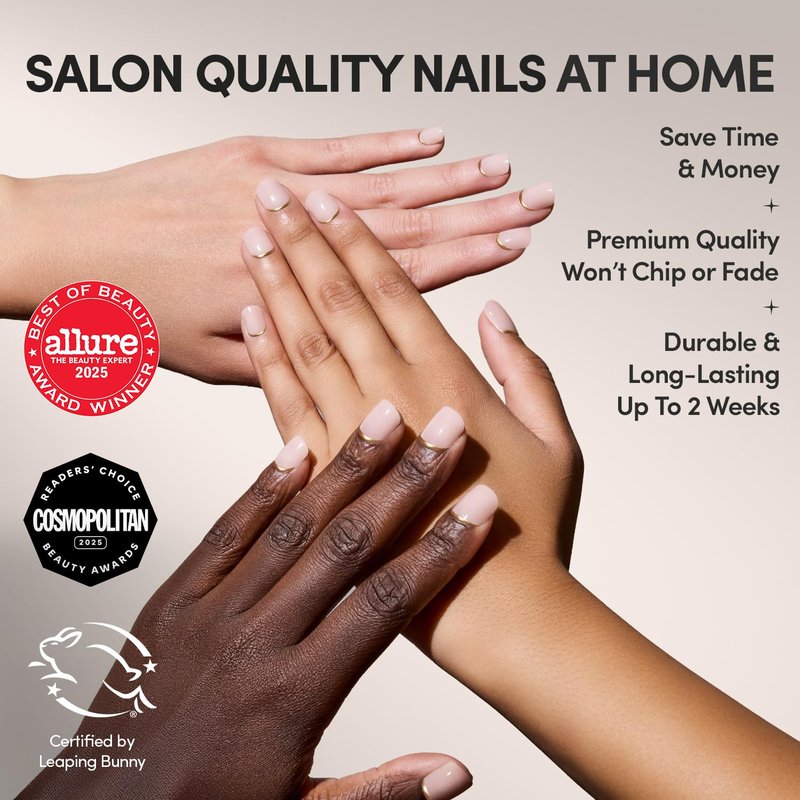 Glamnetic Press On Nails - Super Short Round Fake Nails, Nude Neutral Nails with Gold Reverse French Tip, Quiet Luxury | 12 Sizes - 30 Nail Kit with Glue