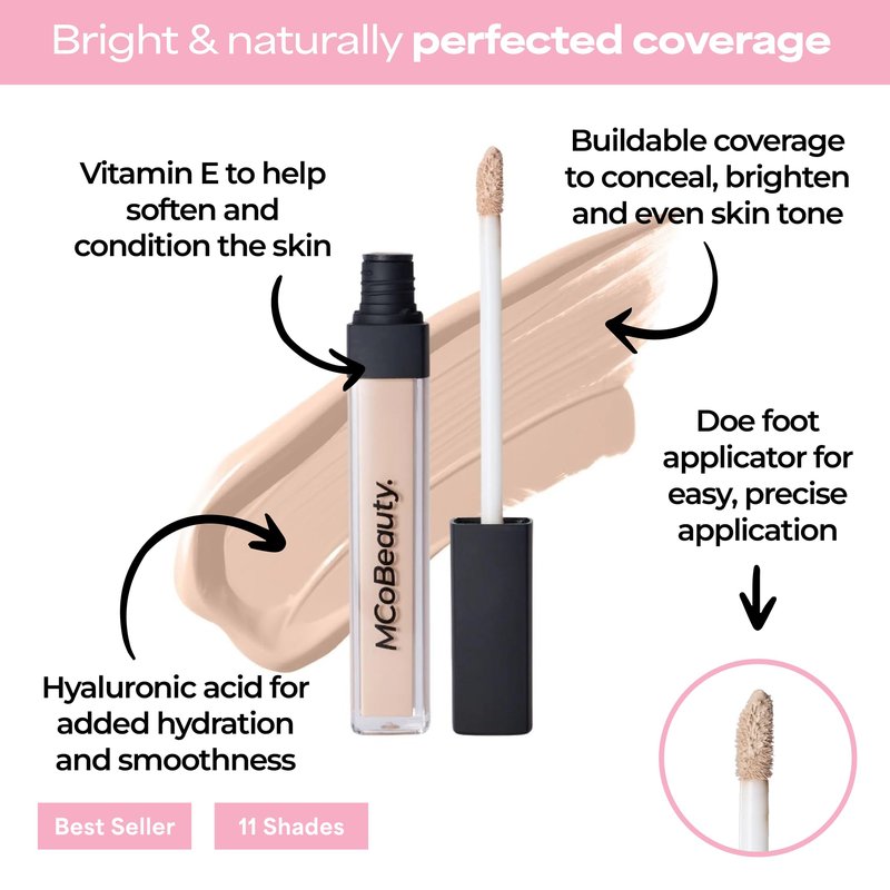 MCoBeauty Brighten & Perfect Cream Concealer - 2 Light Fair - Hydrating Buildable Coverage Under Eye, Blemish & Dark Circle Corrector with Vitamin E Hyaluronic Acid - Vegan & Cruelty Free