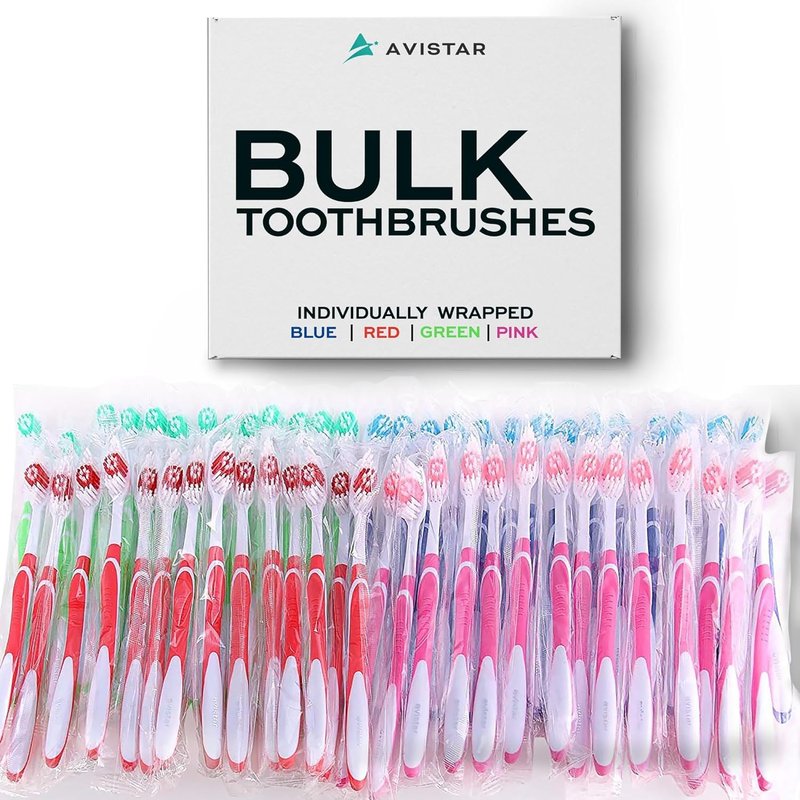Avistar Bulk Toothbrushes Pack - 148 Individually Wrapped for Travel, Hotels, Relief Missions, and Donations - Disposable Toothbrush Pack Adults and Kids - Red, Blue, Green, Pink