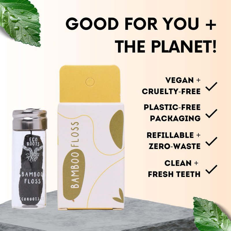 Natural Bamboo Dental Floss: 1 Refillable Glass Container + 3 Biodegradable Bamboo Floss Refill (33 Yards Each), Eco-Friendly, Vegan, Non-Toxic Natural Floss - Refillable Zero Waste Black Thick Floss