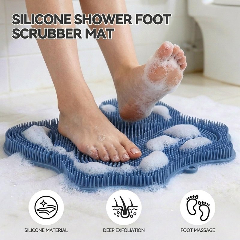 ozner Silicone Shower Foot Scrubber Mat,Back Washer Bath Wash Pad Exfoliating & Massage, Wall Mounted Slip Strong Suction Cups for Use in Cleaner Men and Women (Blue)