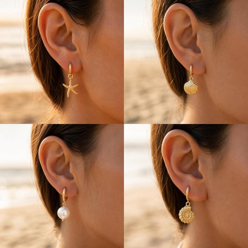 Skiennix Huggie Hoop Earrings Set - 14K Gold Plated Ocean Elements | Shell, Starfish, Conch, Pearl