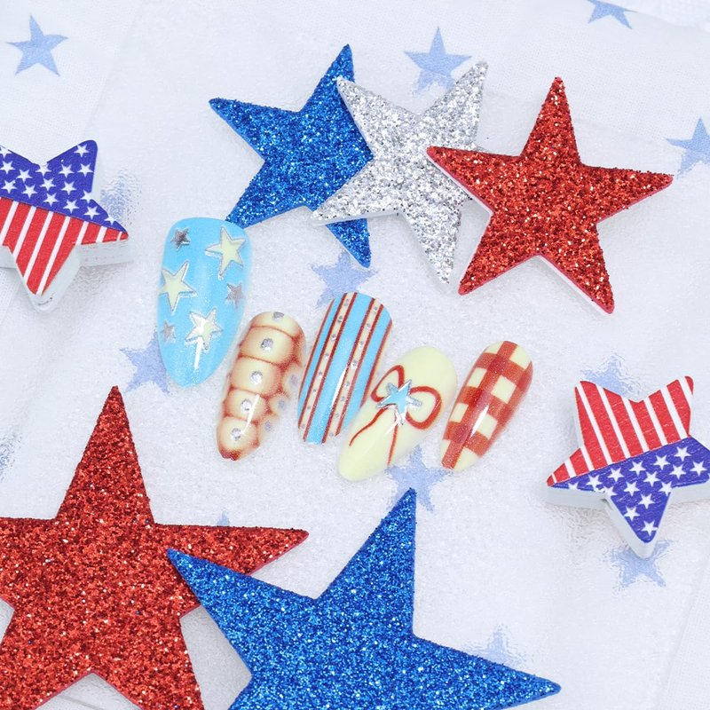 30Pcs 4th of July Press on Nails Almond Shape Patriotic Fake Nails Reusable Acrylic False Nails with Adhesive Tabs Red White Blue Star Cherry Design Independence Day Press on Nails for Women DIY