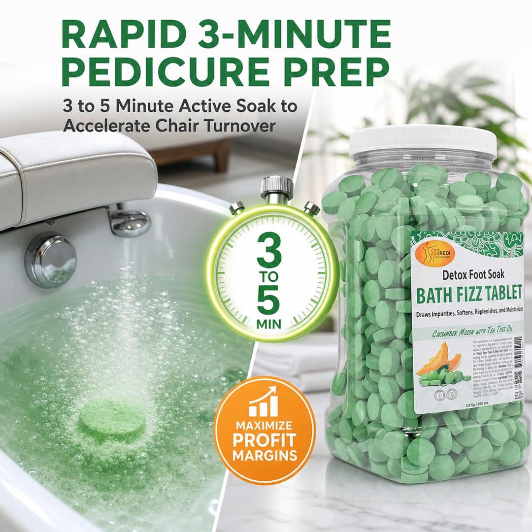 SPA REDI - Detox Foot Soak Fizz Tablets for Pedicure, Cucumber and Melon, 950 Count - Foot Bath with Tea Tree Oil, Aromatherapeutic, Draws Impurities, Softens, Replenishes and Moisturizes