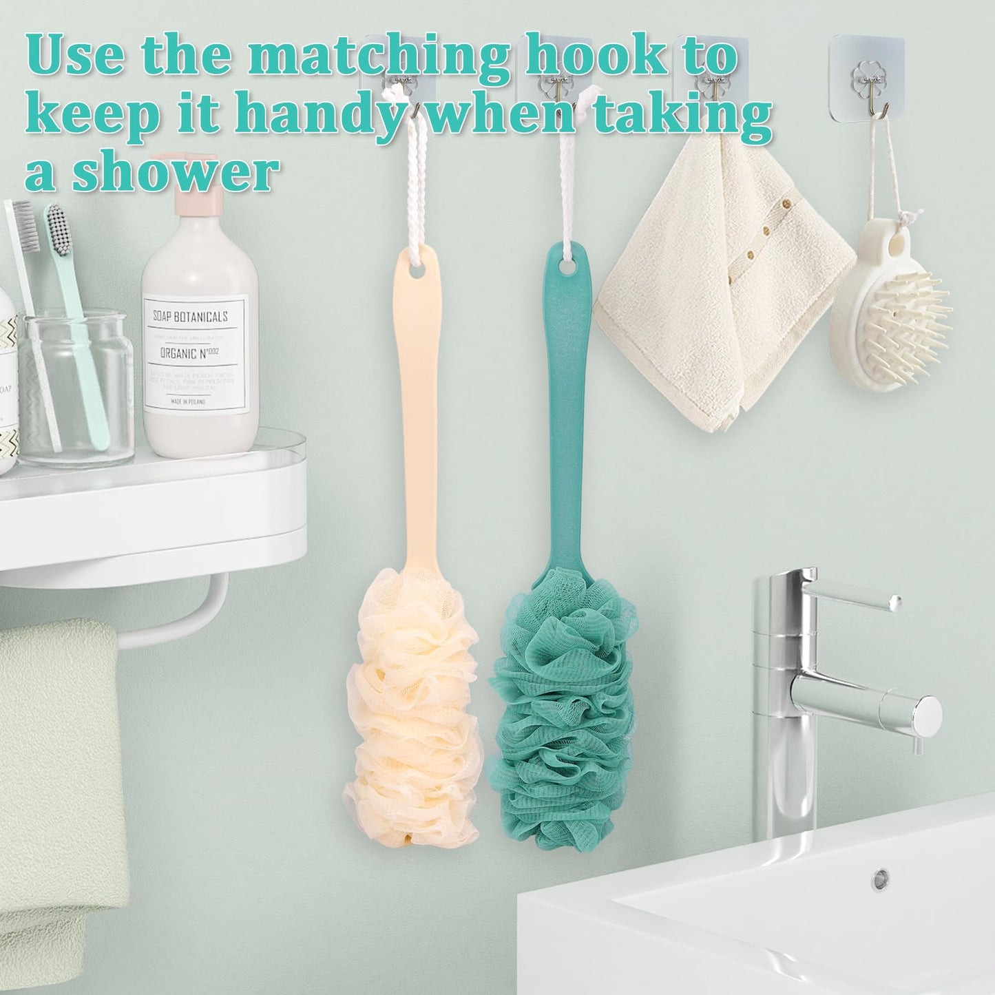 2Pack Back Scrubber for Shower Loofah with Long Handle, Shower Brush for Body, 17″ Loofah on a Stick for Men Women Bathing Accessories, Scrubber Sponge for Exfoliating Bath Brushes (Green)