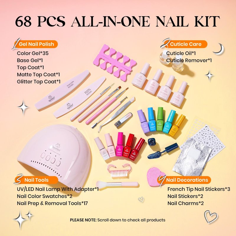 Beetles Gel Nail Polish Kit with U V Light - 35 Colors 68 Pcs Gel Polish Set One Color One Bottle Seasonal Whispers Nails Kit with Top Base Coat Beauty Must Have DIY Salon Manicure Gifts for Women