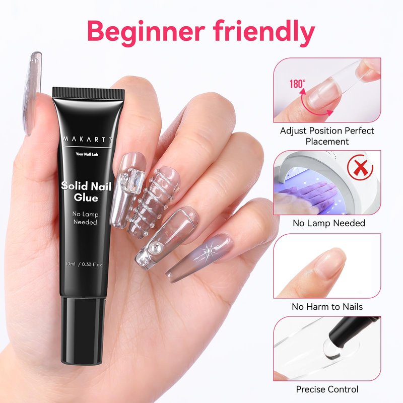 Makartt Semi Solid Nail Glue with Remover for Press on Nails Kit, No UV Lamp Needed, 20s Air Dry Adjustable for Beginners, 10ml Gentle Debonder Easy for Press-On Users At-Home Application & Removal