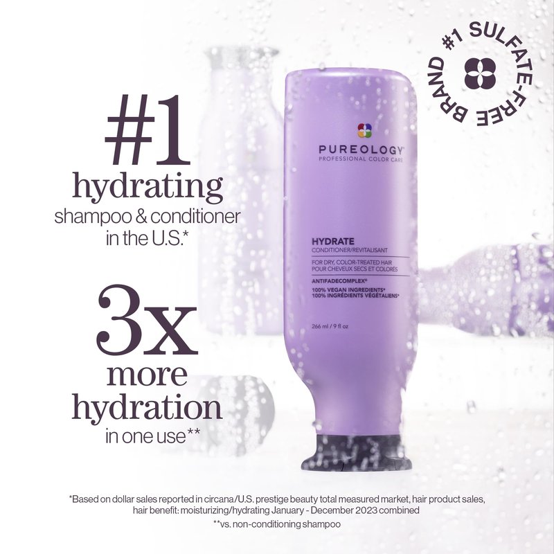 Pureology Hydrate Conditioner - For Dry or Color Treated Hair, Nourishing Conditioner to Restore Moisture and Seal in Hydration, Vegan, 33.8 Fl Oz