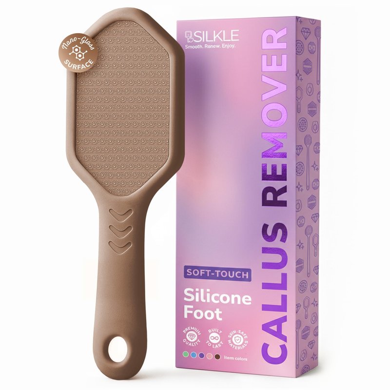 SILKLE Nano Glass Foot File - Silicone Foot Callus Remover for Feet and Cracked Heels - Heel Scraper for Dead Skin - Ergonomic Foot Scrubber & Exfoliator for Shower with Non-Slip Grip - Brown