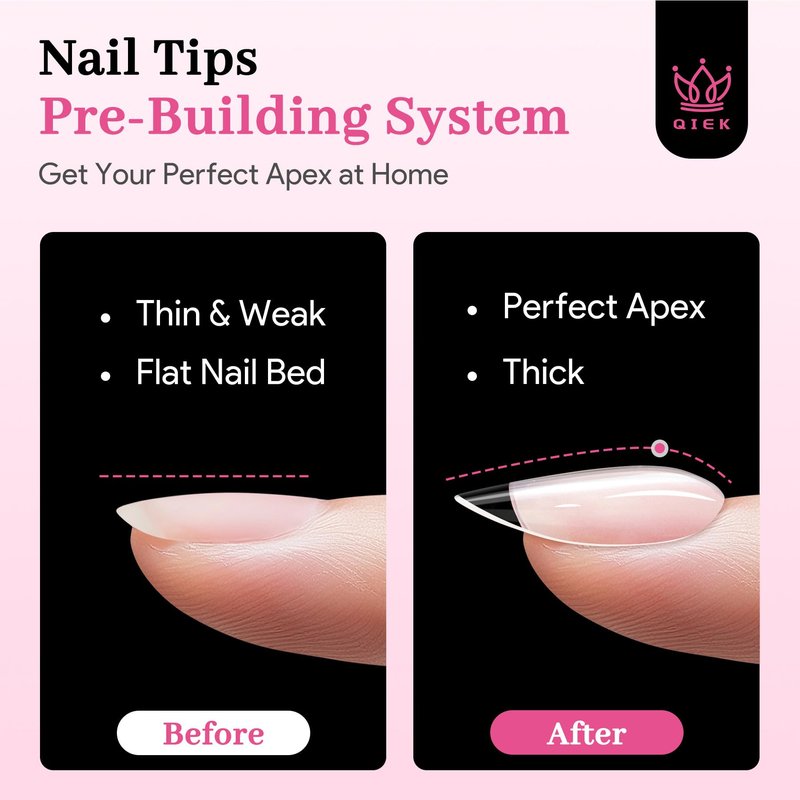 Qiek Short Almond Pre-Building Nail Tips, 15 Sizes 240 PCS Pre-shaped Apex Clear Soft Press On Fake Nail Half Matte Gel Nail Extensions Strong Thick Acrylic Tip for DIY Beginners & Salon Manicure