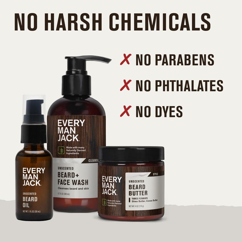 Every Man Jack Unscented Beard Bundle - Fragrance Free for Sensitive Skin - Contains (1) each of Beard & Face Wash, Beard Butter, and Beard Oil
