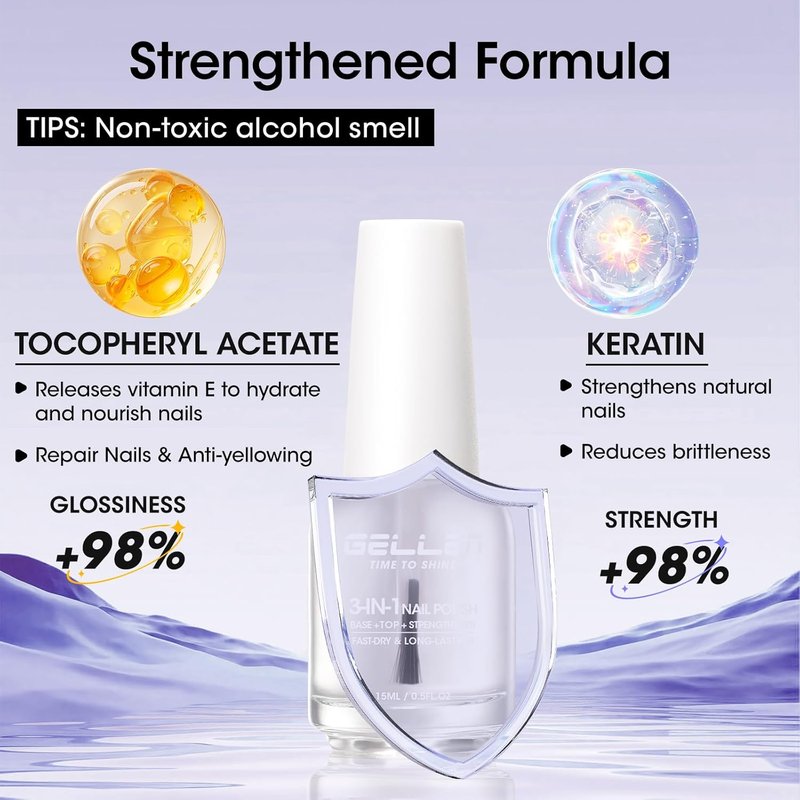GELLEN 3-In-1 Clear Nail Strengthener - Base & Top Coat | Fortify Weak Brittle Nails with Keratin & Vitamin E