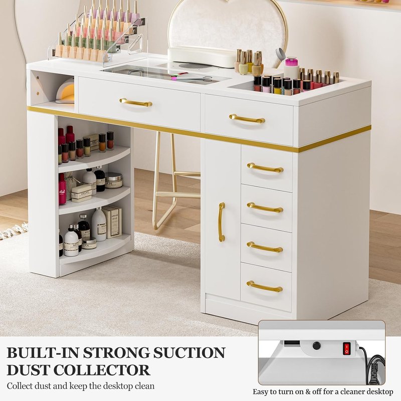 Belandi Manicure Table Nail Station for Nail Tech, Glass Top Nail Table Acetone Resistant w/Dust Collector, 7 Drawers & Shelves, Nail Workstation w/Wrist Cushion, Acrylic Display Stand(WH-White)