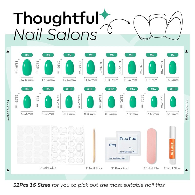 Modelones Bright Green Oval Press-On Nails Kit - 32 Pcs with Glue, File & Prep Pad | Perfect Spring Gift for Women