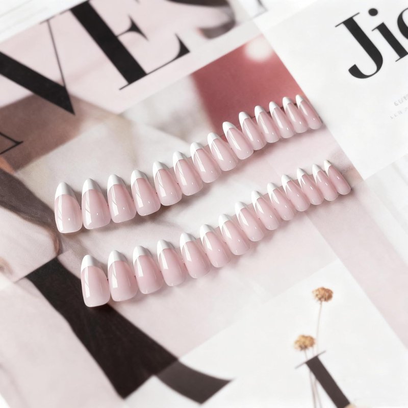 Press On Nails Short Almond - White French Tip Fake Nails with Glue | 15 Sizes, Realistic Soft Gel Design
