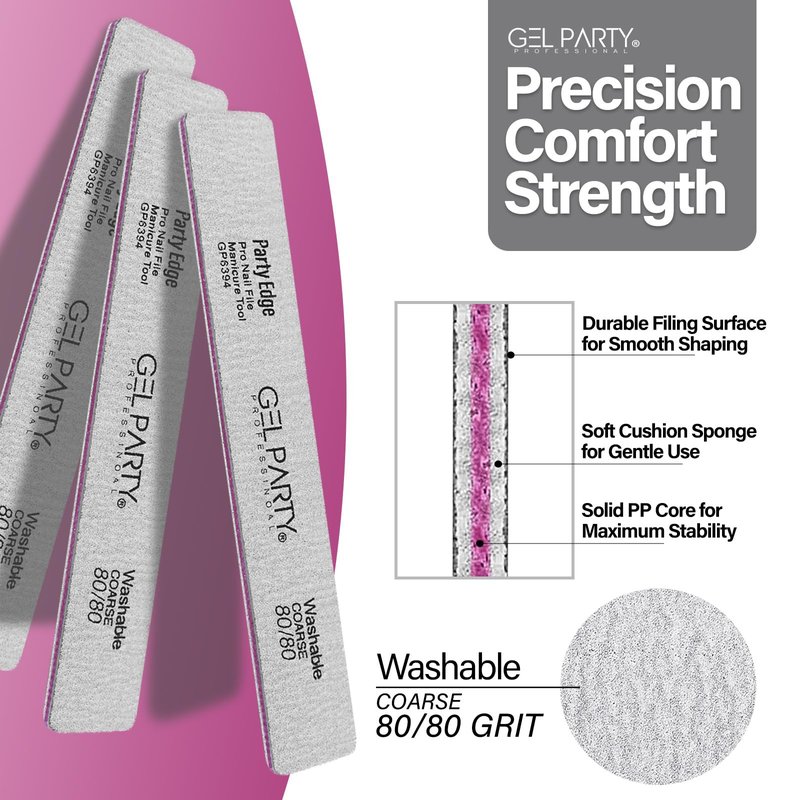 GELPARTY Professional Nail Files 80/80 Grit Square - 25 Pack Bulk Washable Emery Boards - Extra Coarse Grit for Removing Acrylics & Hard Gel Extensions (Salon Value Set)