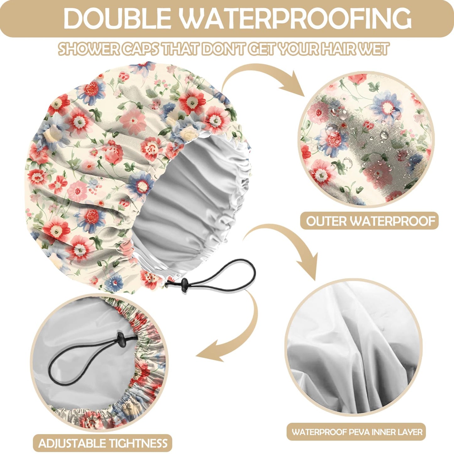Zewurtuw 2 PCS Shower Cap Adjustable Reusable Double Waterproof Layer Elastic Hair Bath Cap Cute Aesthetic for Women Girls-Floral