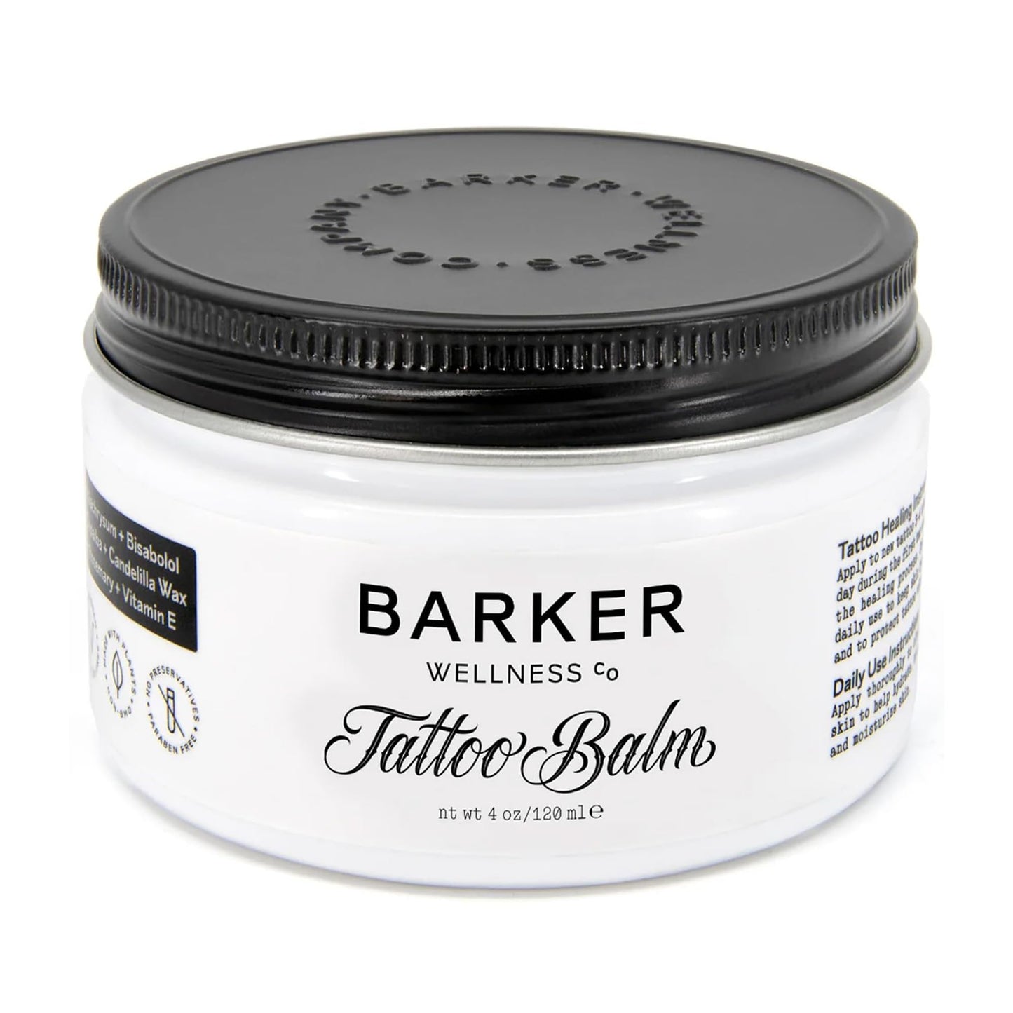 Barker Wellness Tattoo Balm - Natural Vegan Aftercare with Bisabolol, Helichrysum & Vitamin E - Brightens Old Tattoos, Protects New Ink, Soothes Healing Skin - Non-Greasy, Petroleum-Free, 4 oz