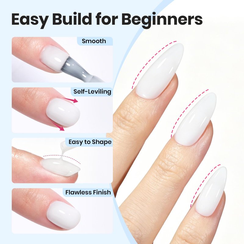 Beetles Builder Gel for Nails 2Pcs, 7 in 1 Clear & Milky White Building Gel Set HEMA-FREE&TPO FREE with Nail Brush, for Strengthening Natural Nail Apex & Extension DIY Salon at Home,UV LED Lamp Cured