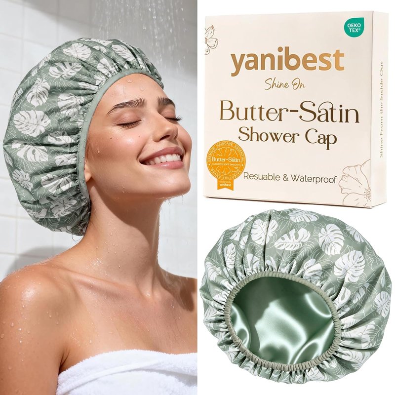 Yanibest Shower Cap for Women - Frizz Free Satin Lined Shower Cap Waterproof Large Double Layer Reusable with Soft Elastic Band for Braids Long Hair