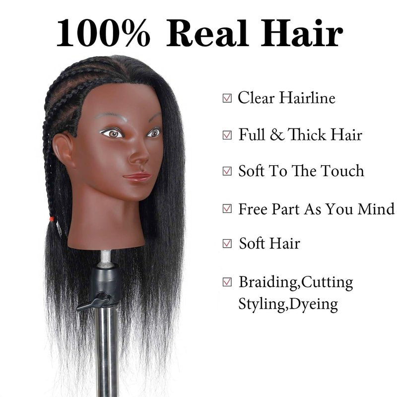 Mannequin Head Human Hair with 100% Real Hair Cosmetology Mannequin Doll Head for Hairdresser Practice Braiding Hairstyling with Free Table Clamp Stand (16 Inch)