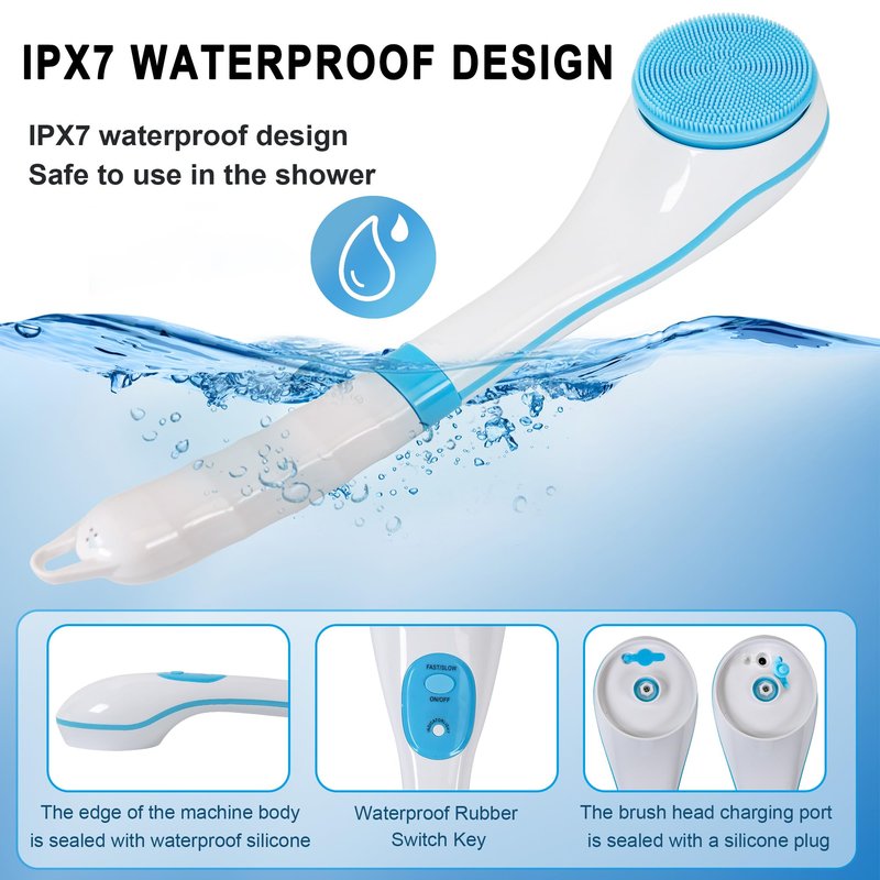 OWIIZI Electric Bath Brush Back Scrubber for Shower, Detachable Long Handle Exfoliating Face Cleansing Silicone Massager, 5 Brush Heads, 6 Speeds, Deep Clean Electronic Body Brushes for Men Women