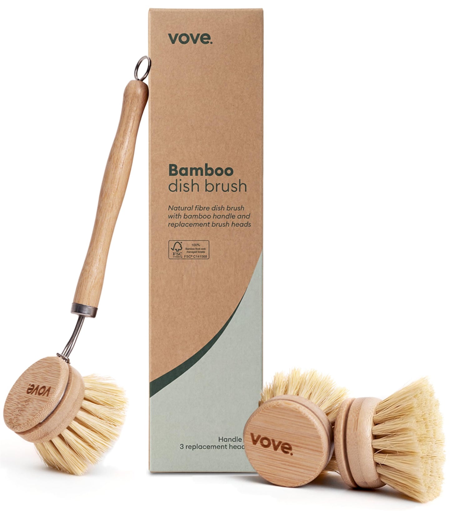Vove Bamboo Dish Brush with 3 Replacement Heads, Plastic-Free Kitchen Scrub Brush for Pots Pans and Dishes, FSC-Certified Bamboo Handle with Natural Fiber Bristles, Non-Toxic Zero-Waste
