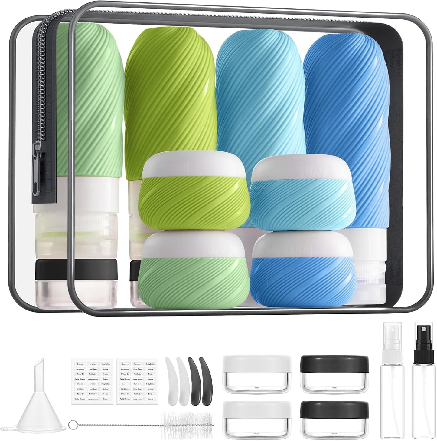 Travel Bottles Set - 23 Pack TSA Approved Leak Proof Containers | Silicone Squeezable Toiletry Kit in Clear Bag, Blue