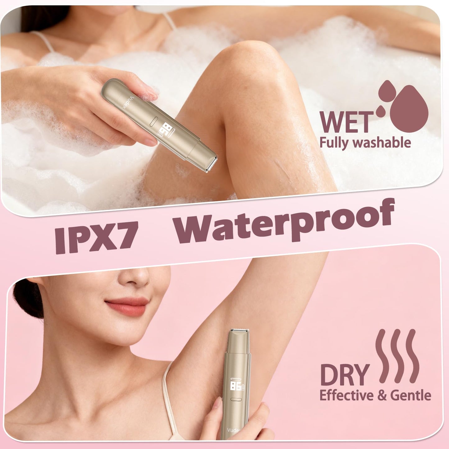 Bikini Trimmer for Women, Painless Electric Razor for Pubic Hair, Face, Legs, Underarms, IPX7 Waterproof Shaver with Ceramic Blades, USB Rechargeable, Portable for Travel, Gifts for Women (Gold)