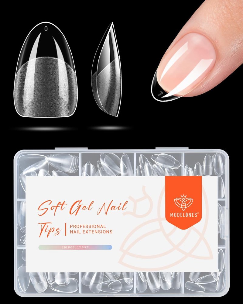 Extra Short Almond Nail Tips - Pre-shaped Gel Soft Fake Nails | 216PCS, 12 Sizes for DIY Manicure