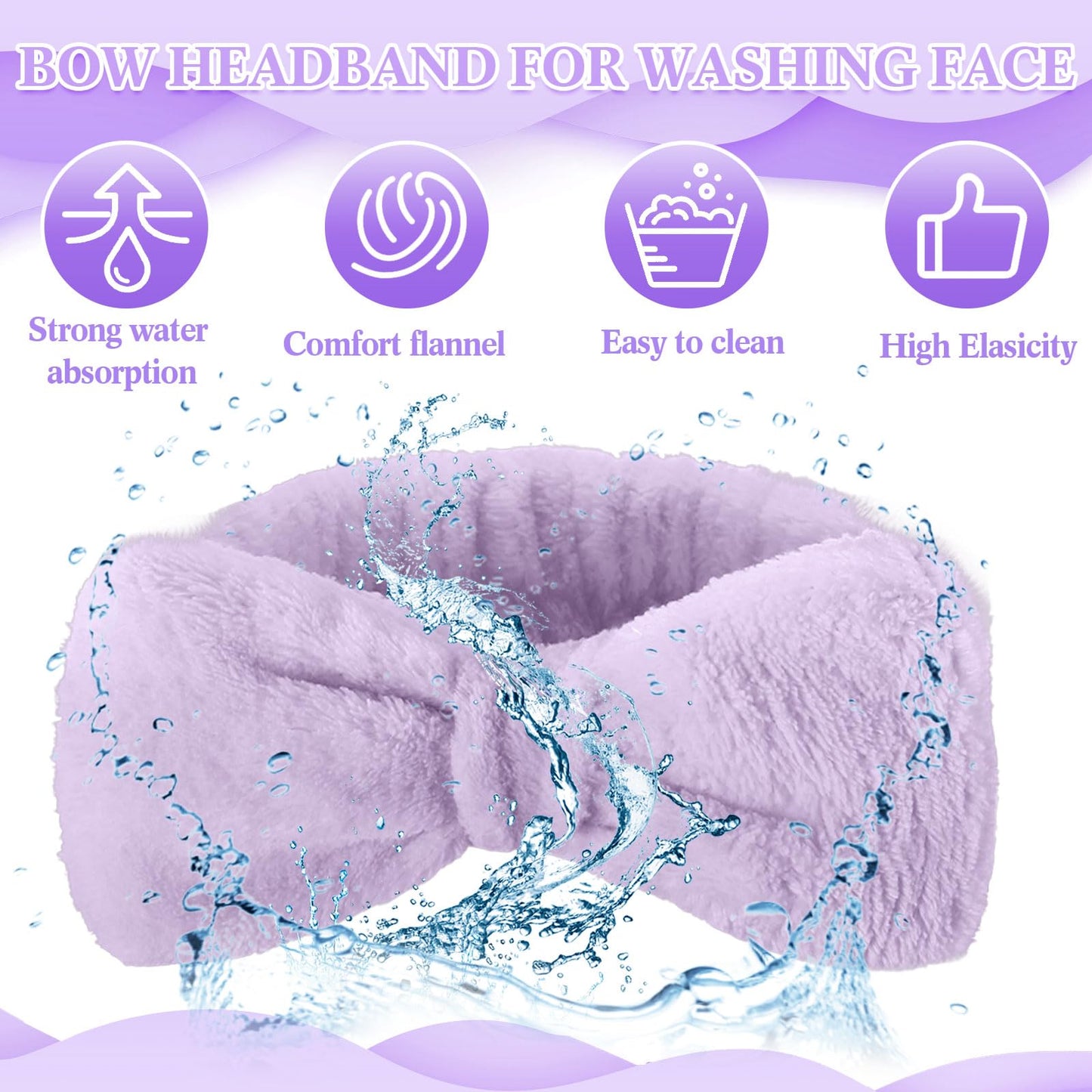 Wavyknot 50 Pcs Spa Headband Bulk Spa Sleepover Party Supplies for Washing Face with Removable Bow Makeup Elastic Bowknot Headband for Women Gifts Skincare Microfiber Hairband (Purple Style)