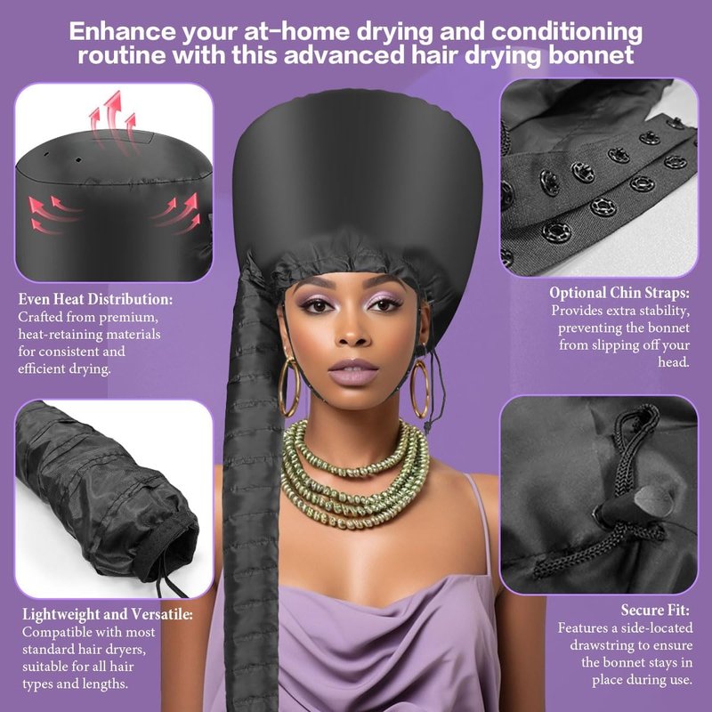 Hooded Hair Dryer Bonnet - Fast-Drying Bonnet for Natural Hair | Adjustable Fit, Portable & Lightweight (Black)